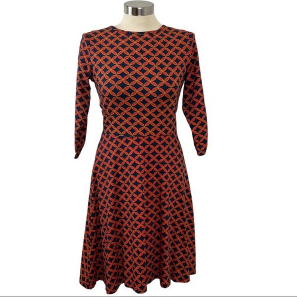 Mata Traders Organic Cotton Jersey Fit and Flare V- back Red Patterned Dress S